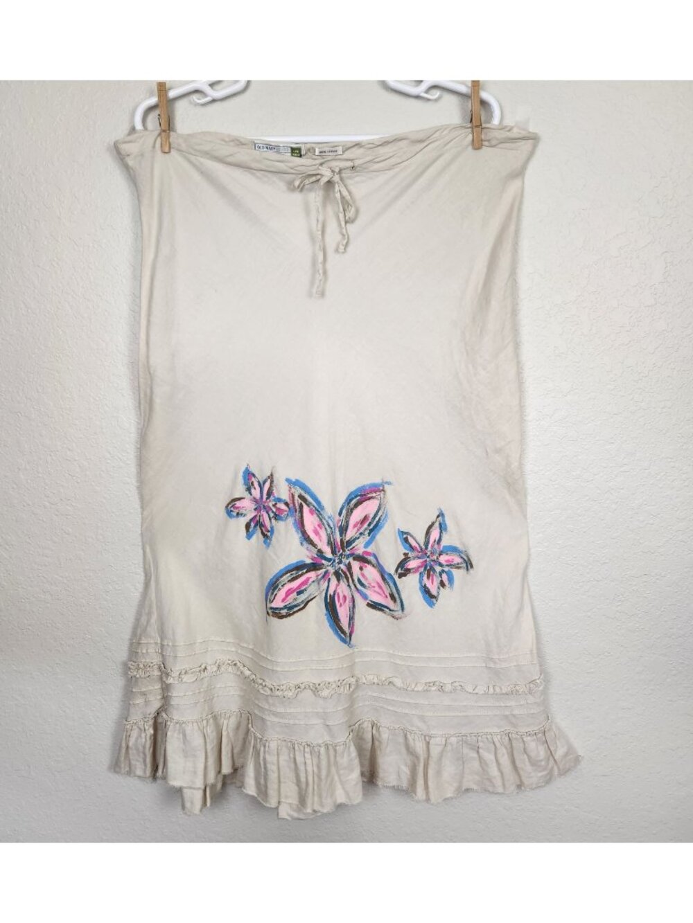 Vintage Y2K 100% Linen Drawstring Maxi Skirt, Size 18, Ecru W Painted Flowers